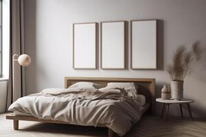 Mockup frame in bedroom interior background, Scandinavian style . photo