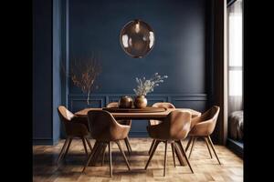 Home master, modern dark blue dining room interior with brown leather chairs, wooden table and decor . photo