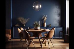Home master, modern dark blue dining room interior with brown leather chairs, wooden table and decor . photo