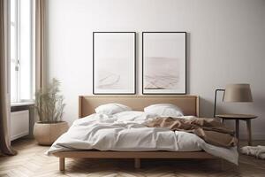 Mockup frame in bedroom interior background, Scandinavian style . photo