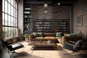 Living room loft in industrial style . photo