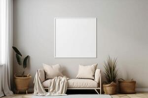boho minimalist cozy healing living room blank frame mockup . photo