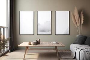 boho minimalist cozy healing living room blank frame mockup . photo
