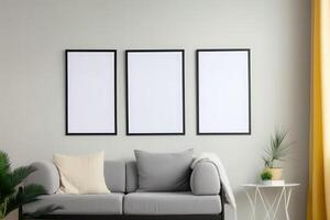 mockup poster frame in modern interior background, interior space, living room, Contemporary style . photo