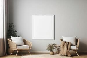 boho minimalist cozy healing living room blank frame mockup . photo