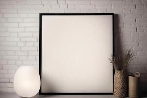 fancy modern Christmas mockup with farmhouse flair, empty blank white wooden picture frame . photo