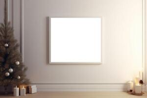 fancy modern Christmas mockup with farmhouse flair, empty blank white wooden picture frame . photo