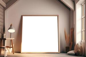 Clean light frame mockup in cozy room . photo