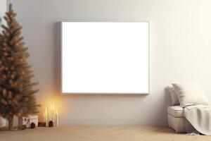 fancy modern Christmas mockup with farmhouse flair, empty blank white wooden picture frame . photo