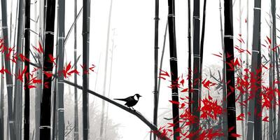 . . Illustration of asian china japan plant bamboo with bird. Peace mind clear calm vibe. Graphic Art photo