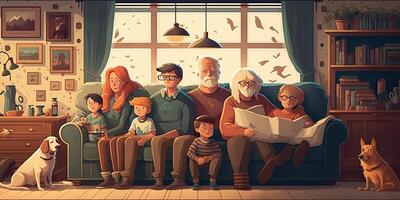 . . Cartoon style cozy home big family illustration. Happy vibe holiday. Graphic Art photo