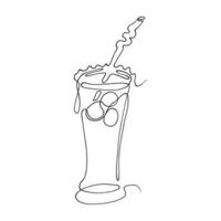 Glass of water with ice, cocktail, summer drink with a straw for drinking. Continuous one line drawing. exotic fruits. lineart vector illustration