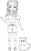 Coloring page. Cute anime girl with funny kitten vector