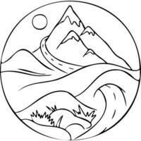 Landscape with darling in the mountains under the sun inside the circle vector illustration