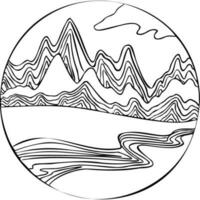 Landscape with the river flows in front of the mountains inside the circle vector illustration