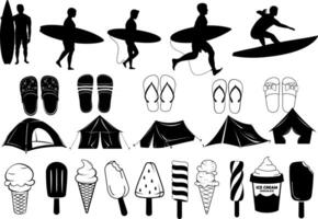 summer beach elements surfing man, slippers, tent, ice cream vector