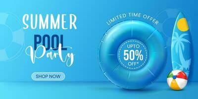 summer pool party banner design with vector swiming ring, surfboard and ball