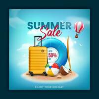 summer sale square banner design, summer sale offer banner illustration with summer elements, social media post template vector