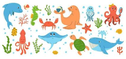 conjunto de vistoso mano dibujado marina animales y objetos submarino mundo en plano vector estilo.