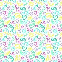 Trendy squiggles seamless pattern. Fun colorful line doodle with shapes crown, heart, numbers of 90s, 00s, y2k with curly confetti. Simple childish print. For textile, backdrop, packaging vector