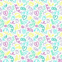 Trendy squiggles seamless pattern. Fun colorful line doodle with shapes crown, heart, numbers of 90s, 00s, y2k with curly confetti. Simple childish print. For textile, backdrop, packaging vector