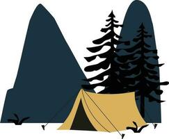 camping in the mountains. Camping tent and pine trees. Vector illustration in flat style.