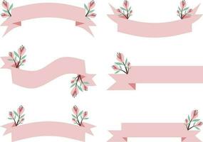 set of pink ribbons with flowers and leafs vector illustration design