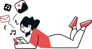 Woman lying on the floor and using a laptop. Flat style vector illustration.