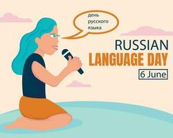illustration vector graphic of a woman using a microphone to talk, perfect for international day, russian language day, celebrate, greeting card, etc.