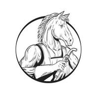 Horse Stallion With Welding Torch Circle Line Drawing Black and White vector