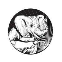 Elephant With Welding Torch Circle Line Drawing Black and White vector