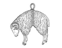 Ram Sheep Suspended in Rope Ribbon Symbol of the Golden Fleece Side View Comics Style Drawing vector