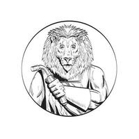 Lion Welder With Welding Torch Circle Line Drawing Black and White vector