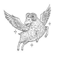 Ram Sheep with Wings Flying in Night Sky Symbol of the Golden Fleece Comics Style Drawing vector