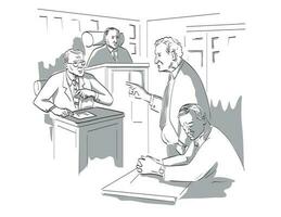 Courtroom Trial Sketch Showing Judge Lawyer Defendant Plaintiff Witness and Jury Inside Court of Law vector