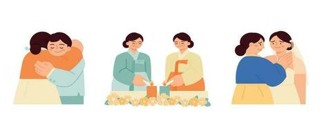 boda. coreano matrimonio cultura. madres vistiendo hanbok son Encendiendo velas juntos y abrazando el novia y novio. vector