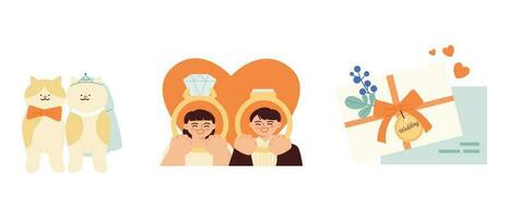 Wedding day. Cats at the wedding, the bride and groom with big rings, wedding invitations. vector