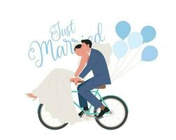 Boda día. un Pareja en un Boda vestir es montando un bicicleta románticamente vector