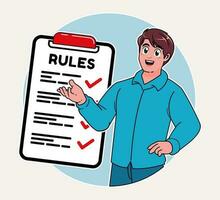 a man explaining the list of rules and laws, a checklist guide to rules vector