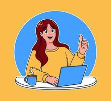 woman working on a laptop, working on implementing new ideas at work, a cup of hot coffee vector