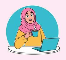 hijab mujer, mujer trabajando en un computadora portátil, un taza de caliente café vector