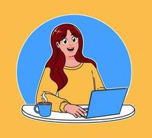 woman working on a laptop, working on implementing new ideas at work, a cup of hot coffee vector