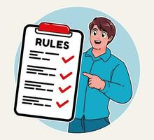 a man explaining the list of rules and laws, a checklist guide to rules vector