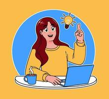 woman working on a laptop, working on implementing new ideas at work, a cup of hot coffee vector