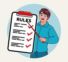 a man explaining the list of rules and laws, a checklist guide to rules vector