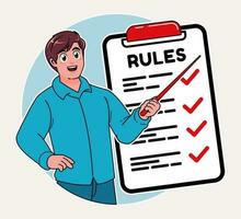 a man explaining the list of rules and laws, a checklist guide to rules vector