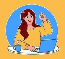 woman working on a laptop, working on implementing new ideas at work, a cup of hot coffee vector