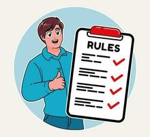 a man explaining the list of rules and laws, a checklist guide to rules vector