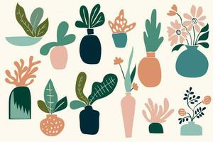 Unusual plants in pots in modernist style. Set of abstract cactus and leaves inspired by impressionism vector