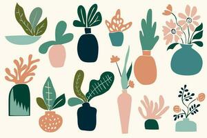 raro plantas en ollas en modernista estilo. conjunto de resumen cactus y hojas inspirado por impresionismo vector